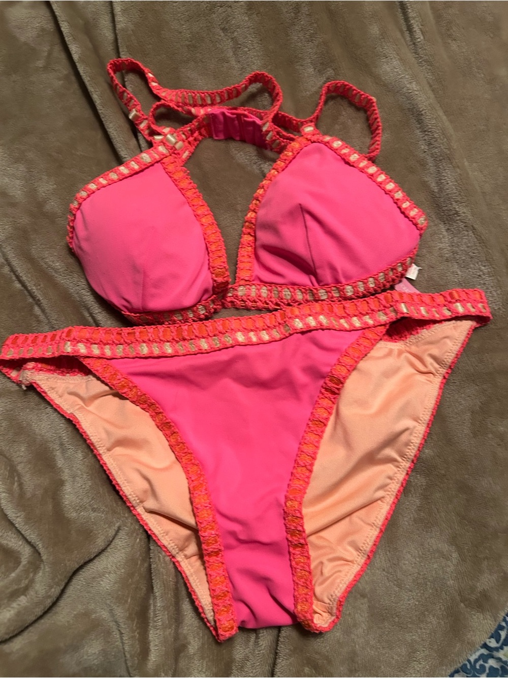 Victoria Secret Size M Women’s  Hot Pink & Peach Crochet Trim One-Piece Swim
